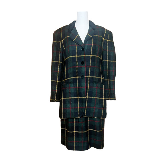 Vtg 90s Wool Blazer & Skirt 2-Pc Suit Size 10 Plaid Academia Professor Holiday - Picture 1 of 16
